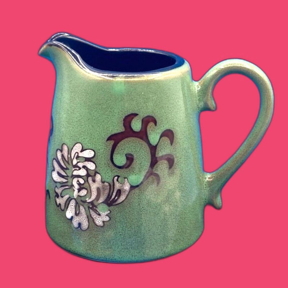 Nature's Home Floral swirl Cream Pitcher Green Pottery 4.5"